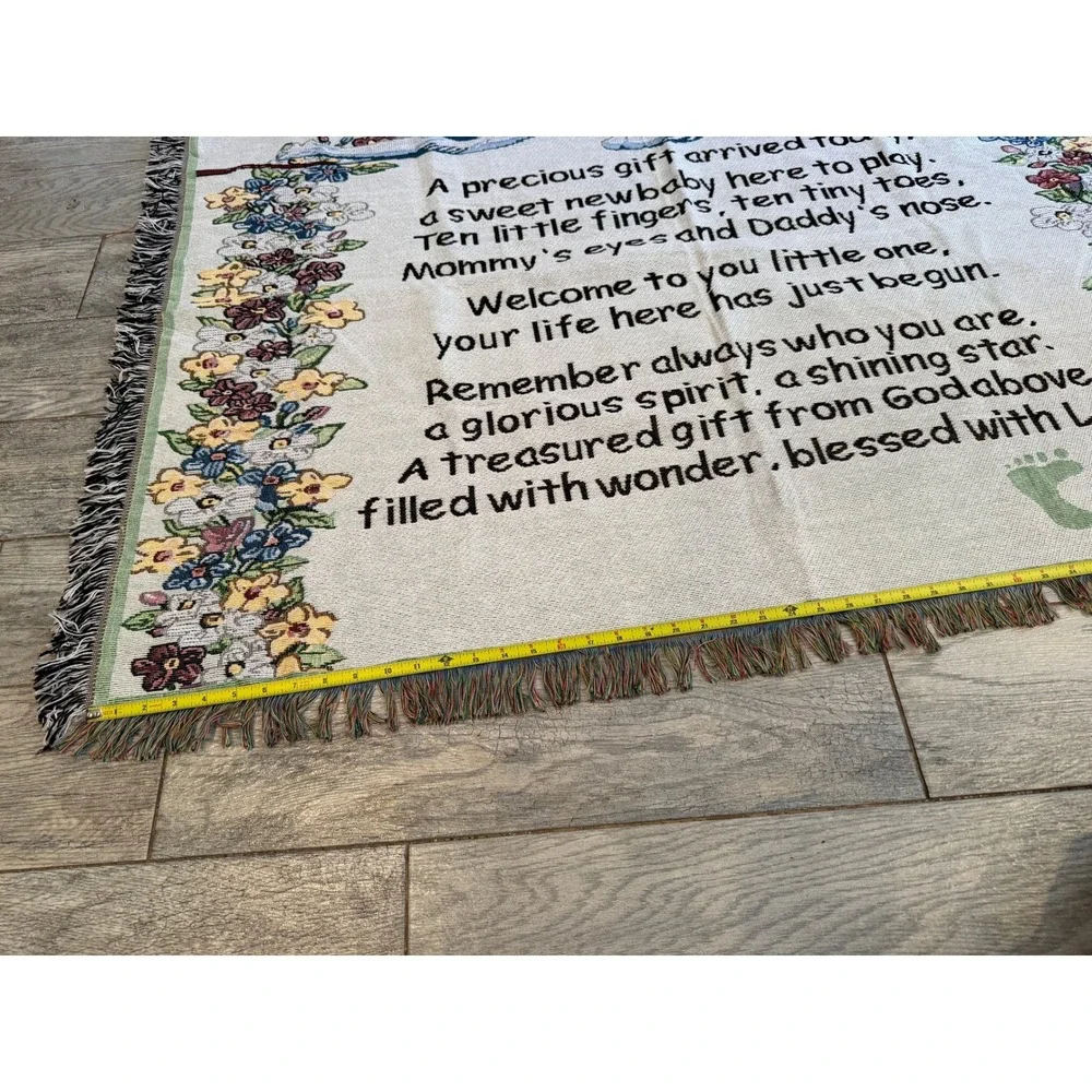 Tapestry Throw Blanket Baby Stork Poem Newborn 38x50 Footprints Precious Gift